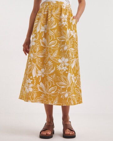 Yellow Print Linen Mix Midi Skirt