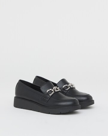 Heavenly Soles Paphos Low Wedge Loafers With Chain Trim - Wide Fit (E)