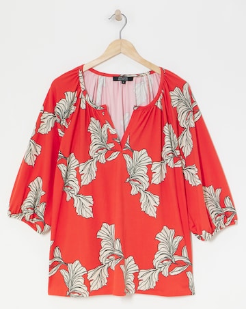 Red Floral Three Quarter Blousin Sleeve Jersey Top