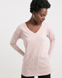 Pure Cotton Pink Print Slouch Long Sleeve Longline Top