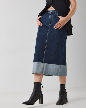 Raw Indigo Stretch Turn Up Midi Denim Skirt