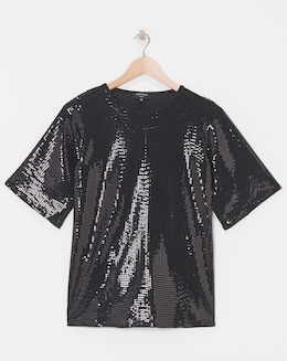 Black Sequin Crew Neck Boxy T-Shirt