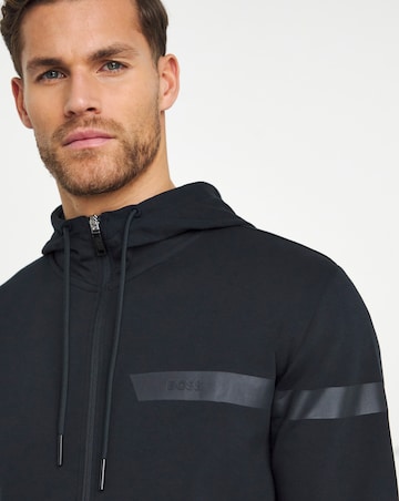 BOSS Navy Stripe Logo Zip Through Hoodie