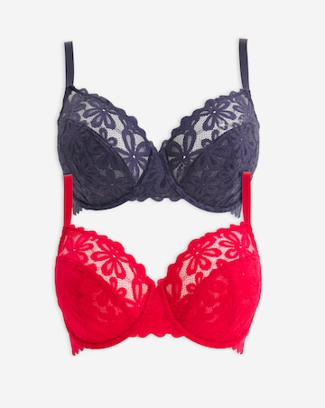 Pretty Secrets 2 Pack Daisy Lace Full Cup Bras B-G - Grey/Red