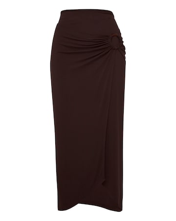 Chocolate Stretch Jersey Ring Detail Mock Wrap Skirt