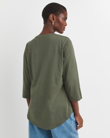 Khaki 3/4 Sleeve Curved Hem Longline Top