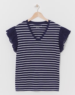 Plisse &amp; Broderie Sleeve V Neck Top