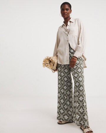 Green Printed Spun Viscose Pull On Wide Leg Trousers