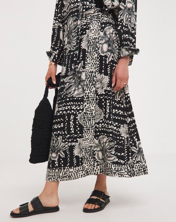 Border Print Linen Mix Midi Wrap Skirt