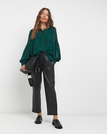 Womens Georgette Collarless Blouson Sleeve Blouse - Green Animal
