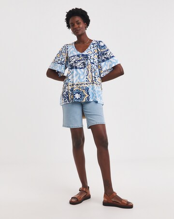 Printed V Neck Angel Sleeve Print Top