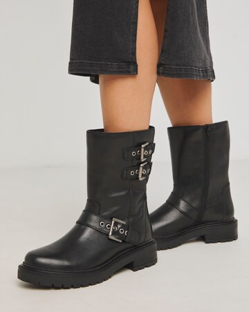 Leni Calf Height Leather Biker Boot - Wide Fit (E)