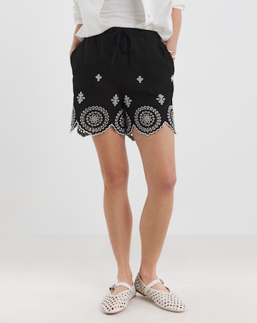 Black Linen Mix Broderie Hem Shorts