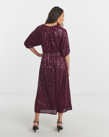 Linear Sequin Puff Sleeve Midi Dress