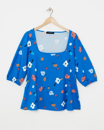 Blue Floral Square Neck Volume Three Quarter Sleeve Top