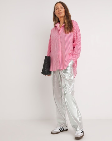 Womens Cotton Poplin Oversized Long Sleeve Shirt - Pink Stripe
