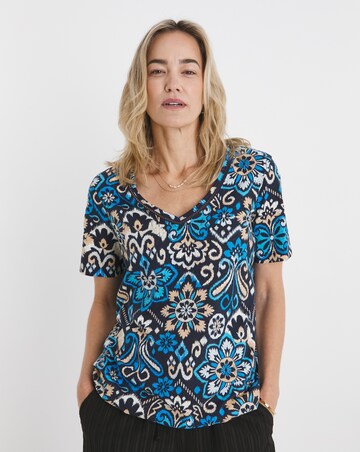 Blue Print V Neck Short Sleeve Bubble Hem Top