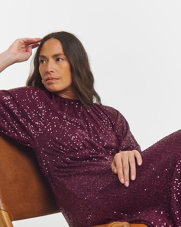 Linear Sequin Puff Sleeve Midi Dress