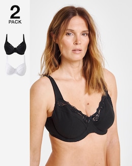Pretty Secrets (2 Pack) Full Cup Wired Cotton Bras (B-G) White/Black