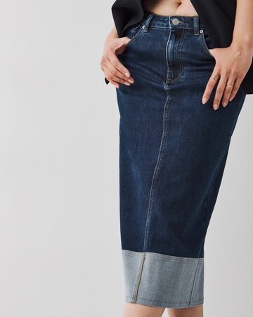 Raw Indigo Stretch Turn Up Midi Denim Skirt