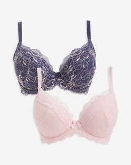 Pretty Secrets 2 Pack Ella Lace Padded Plunge Wired Bras - Navy/Pink