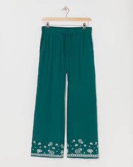 Green Embroidered Crinkle Wide Leg Trousers