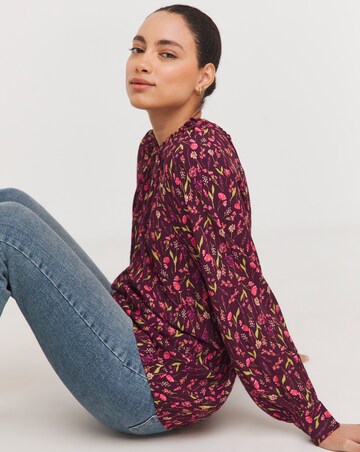 Multi Floral Ruched Tie Neck Top
