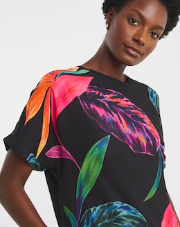 Woven Crepe Short Sleeve Boxy Top - Black Floral