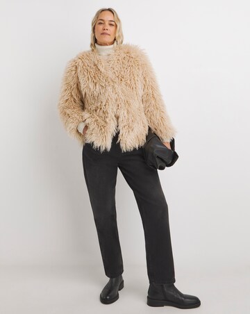 Cream Collarless Shaggy Faux Fur Coat
