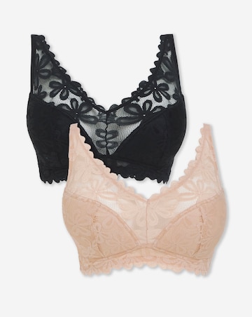 Pretty Secrets (2 Pack) Daisy Lace Non Wired Padded Plunge Bras (B-F) Blk/Almond