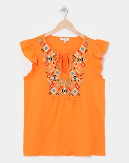Embroidered Yolk Frill Sleeve Top