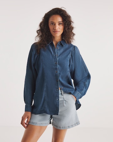 Dark Blue Volume Sleeve Soft Lyocell Denim Blouse