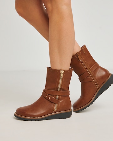 Heavenly Soles Billie Low Wedge Buckle Strap Boot - Wide Fit (E)