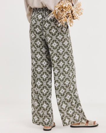 Green Printed Spun Viscose Pull On Wide Leg Trousers