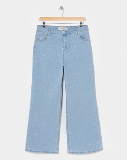 Mid Blue Embellished Wide Leg Jeans