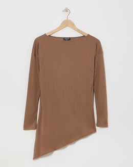 Beige Long Sleeve Ribbed Asymmetric Top