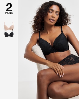 Pretty Secrets (2 Pack) Daisy Lace Plunge Wired Bras (B-F) Black/Almond