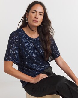 Navy Sequin Angel Sleeve Top