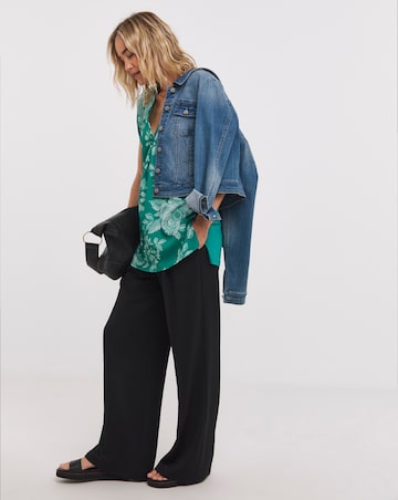 Green Floral Woven Front V-Neck Top