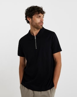 Folio Mercerised Supima Zip Neck Polo-Black