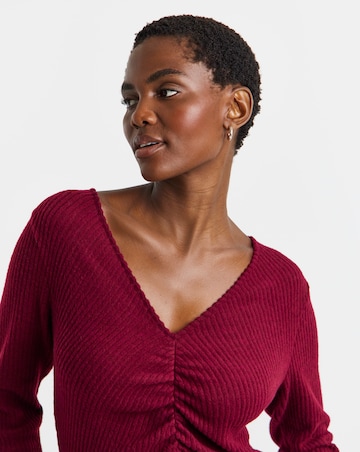 V Neck Long Sleeve Ruched Rib Dress