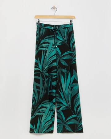 Black Palm Printed Spun Viscose Pull On Wide Leg Trousers
