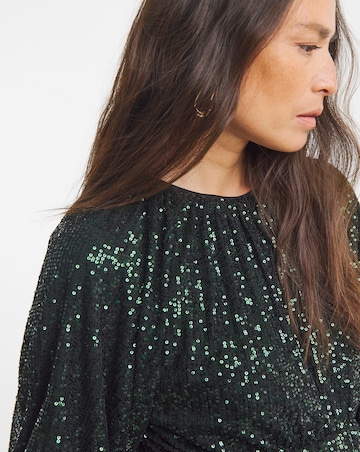 Linear Sequin Puff Sleeve Midi Dress