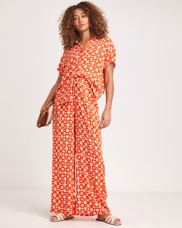 Terracotta Print Crinkle Shirred Waist Wide Leg Trousers