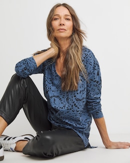 Pure Cotton Blue Print Long Sleeve Slouch V-Neck Longline Top