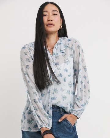 Womens Chiffon Frill Neck Long Sleeve Blouse - Blue Print
