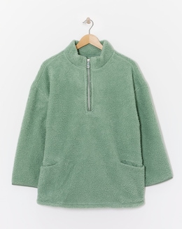 Sage Green Borg Longline Quarter Zip Jacket
