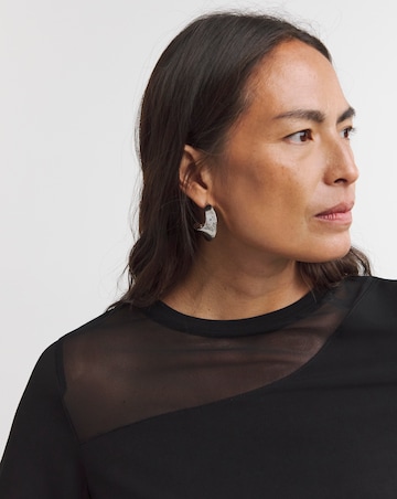 Black Crew Neck Long Sleeve Mesh Insert Top