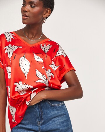 Red Floral Print V Neck Satin Front Top