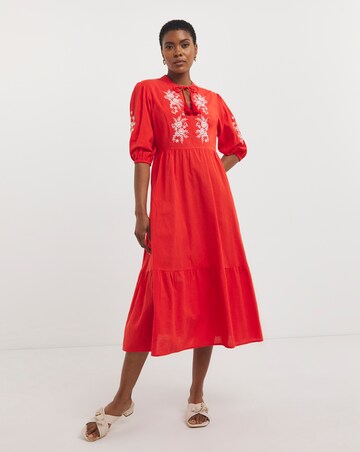 Linen Mix Embroidered Midi Dress With Tassel Neck Tie